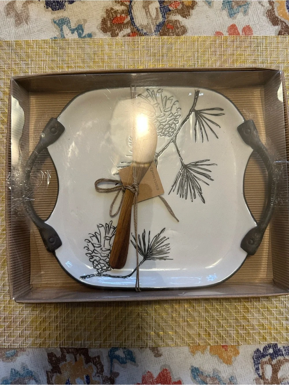Mud Pie White Ceramic Tray with Black Pinecone Illustration and Iron Handles